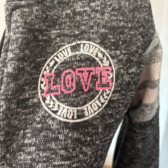 New Look Womens Gray & Pink Love Patch Cropped Zip-Up Hoodie W/ Striped Sleeves - Picture 9 of 13